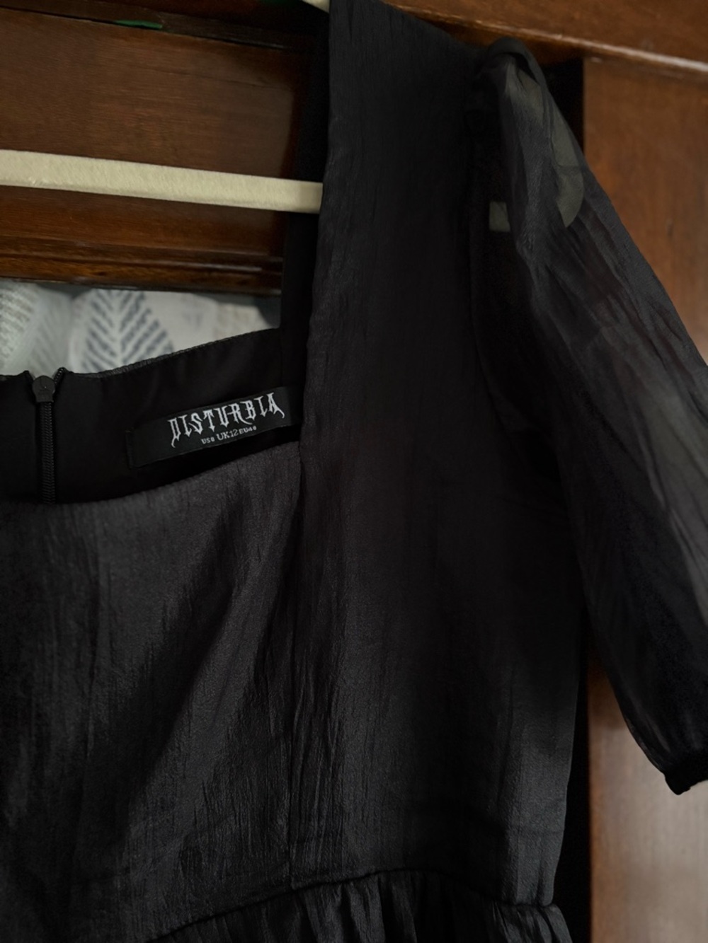 Disturbia Flatline Puff Sleeve Sheer Black Tiered Midi Dress US 8 - Picture 8 of 10